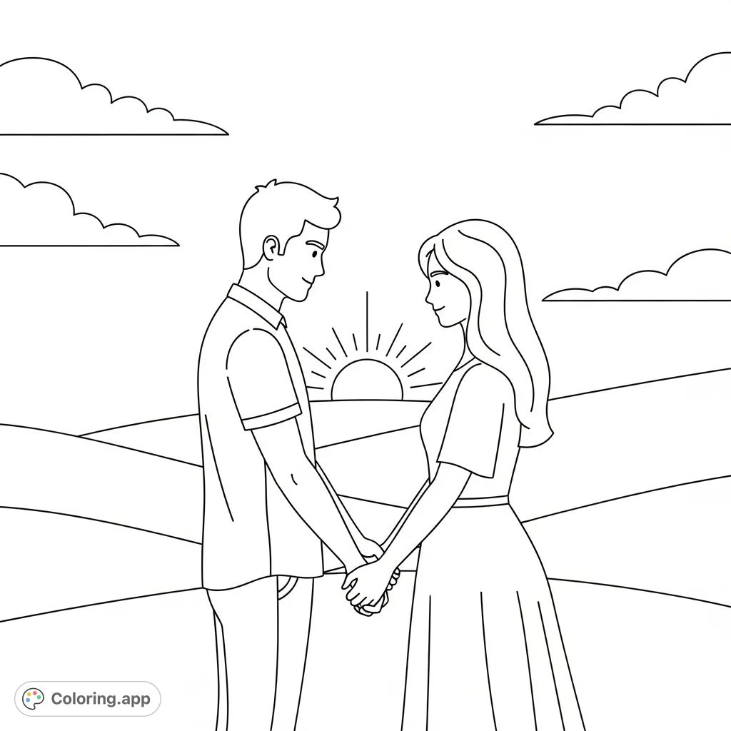 A heartfelt coloring page featuring a loving couple holding hands against a peaceful sunset backdrop with gentle hills and clouds.