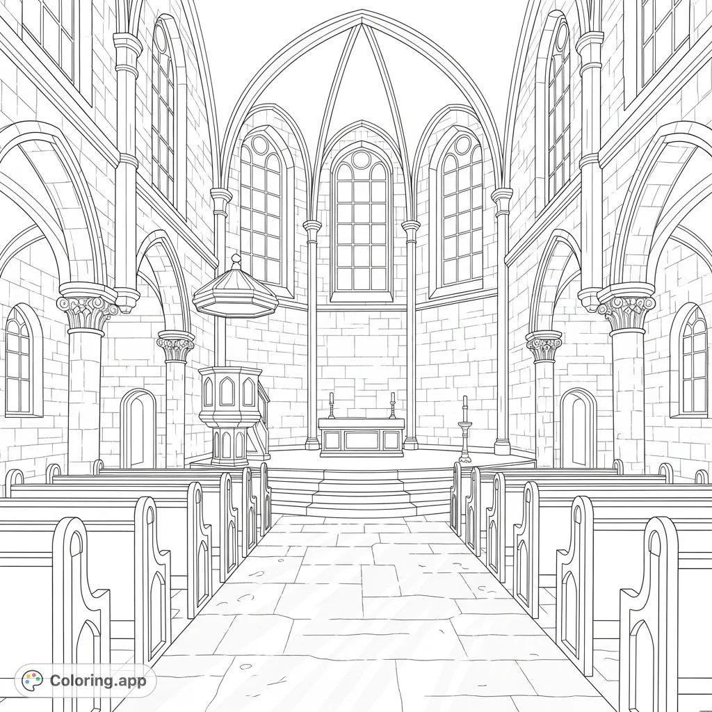 Step into a serene ancient church interior. Features detailed stone walls, classic pews, an altar, and intricate stained glass windows.