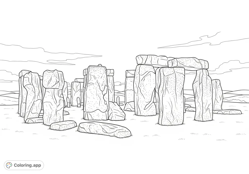 Discover the iconic Stonehenge with this realistic coloring page. Explore ancient stones, detailed textures, and a vast landscape perfect for creative expression.