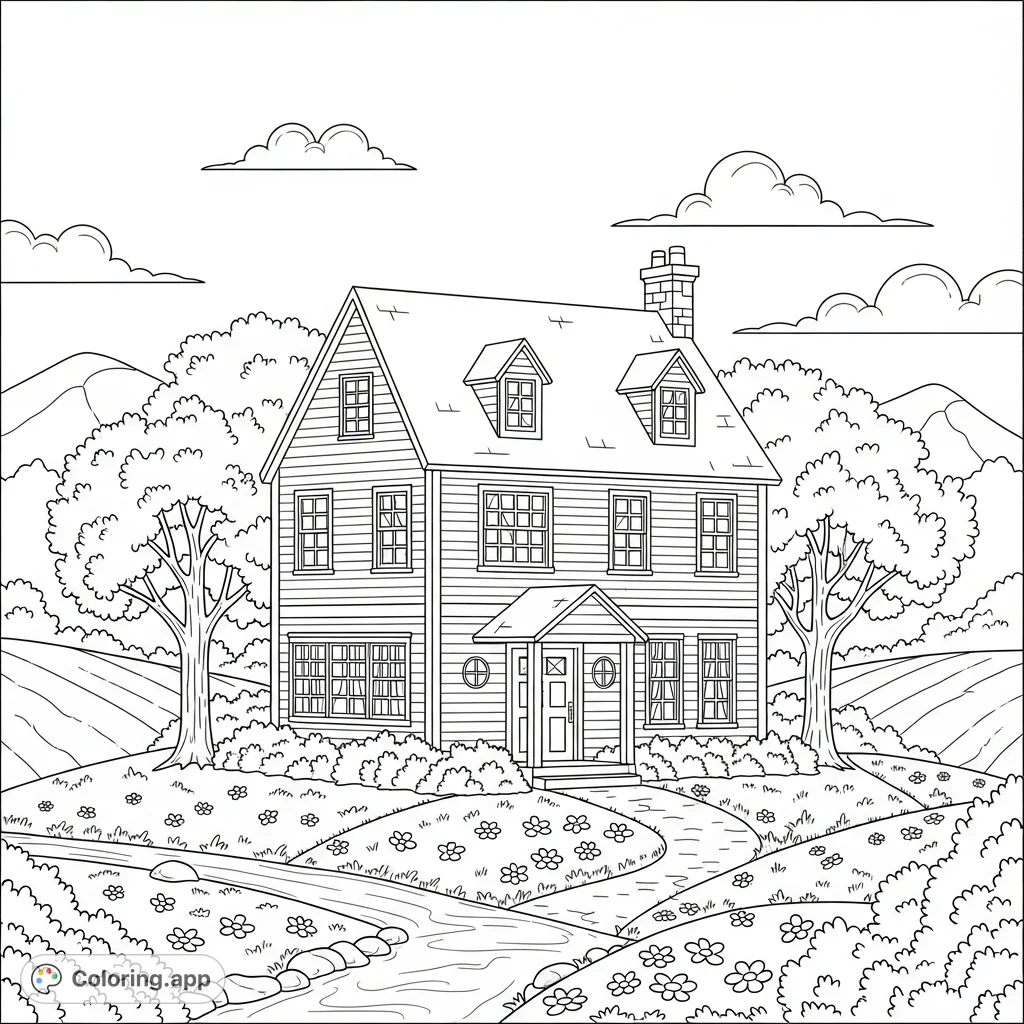Explore a delightful countryside house nestled among rolling hills and lush trees. A serene landscape awaits your creative touch on this tranquil coloring page.