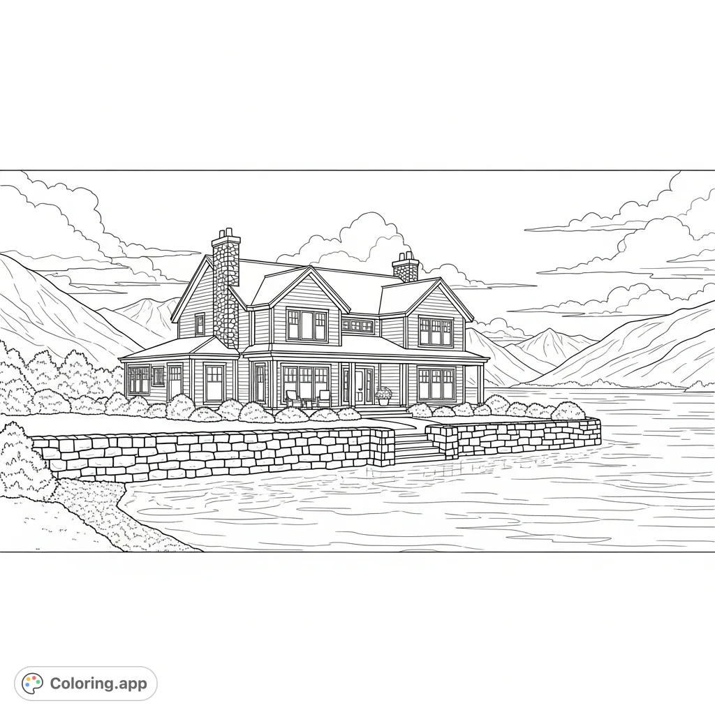 A picturesque two-story lakeside home sits gracefully by a calm lake, with majestic mountains and a stone wall completing this serene, detailed landscape scene.