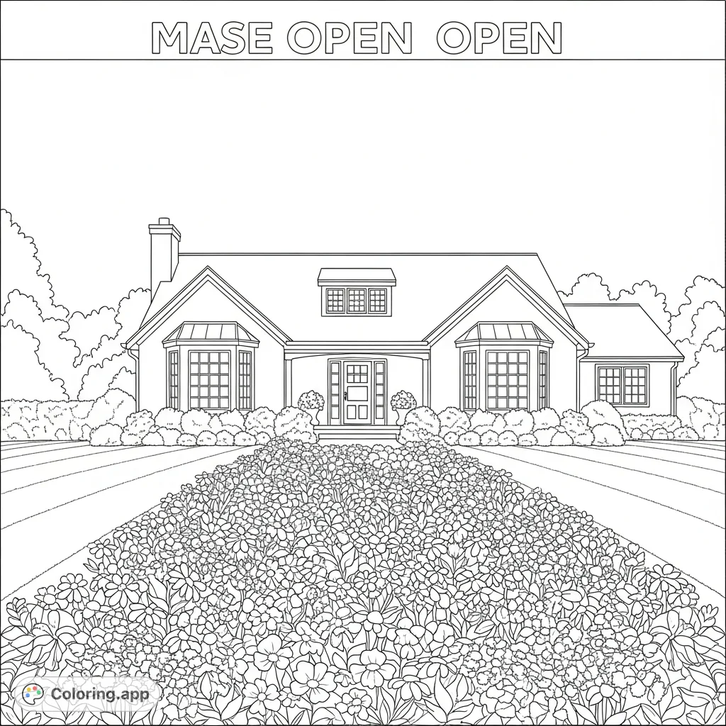 Color a classic suburban home with a gabled roof, inviting front door, and prominent windows, surrounded by a lush garden of blooming flowers and a trimmed lawn.