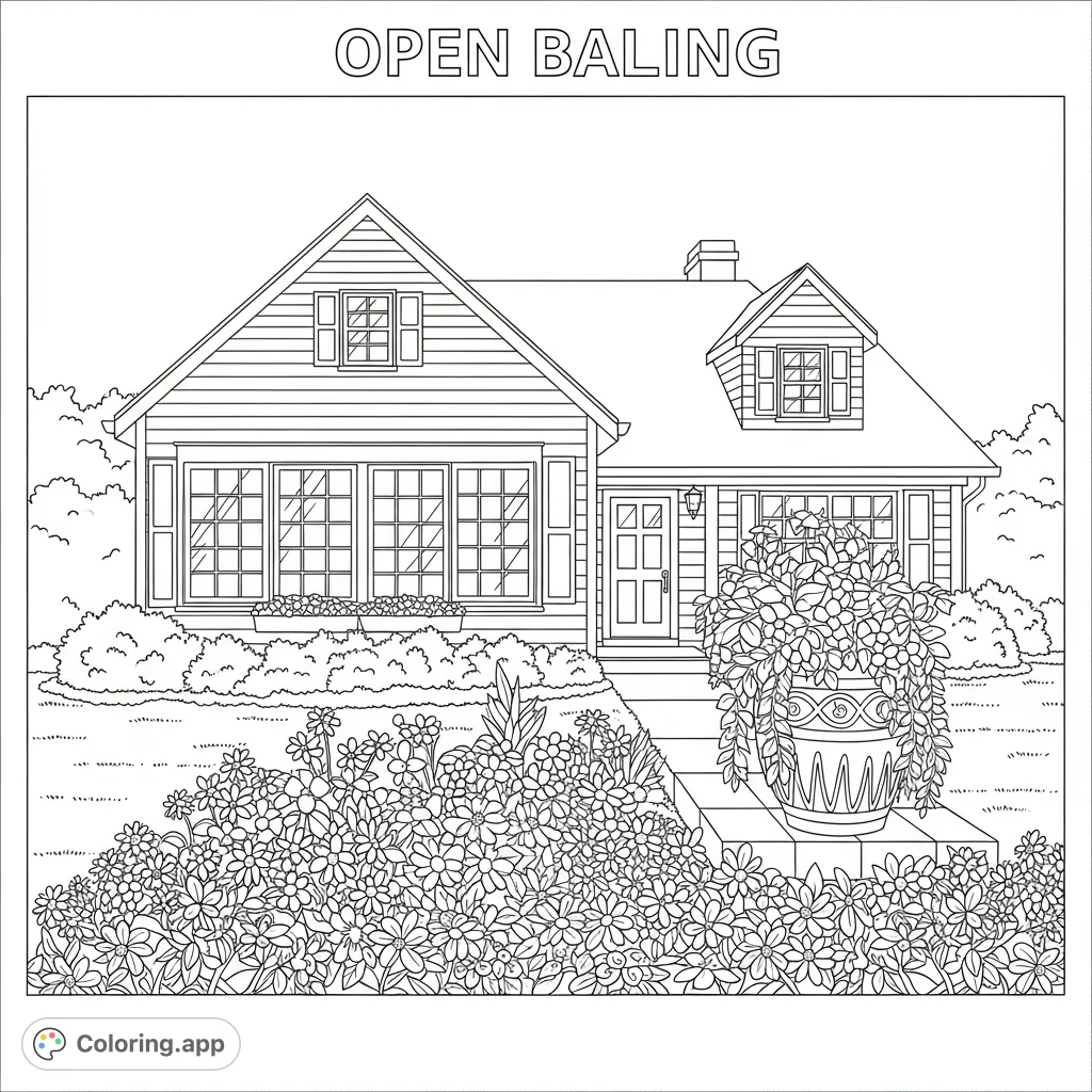 Explore a charming suburban home with a beautiful garden, vibrant flowers, and a lovely flower pot. A delightful scene for creative coloring.
