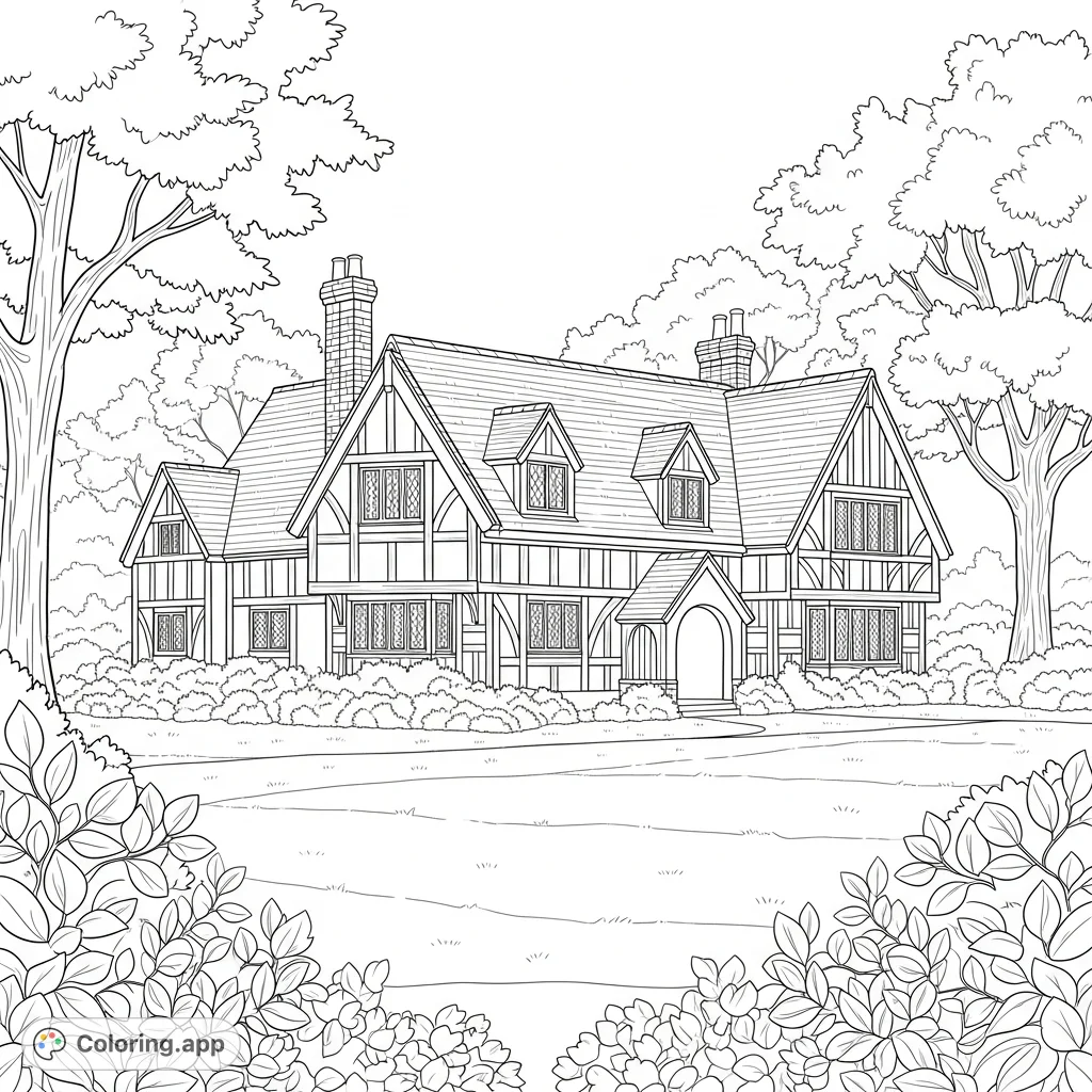 Explore a charming one-story Tudor house nestled in a vast, tranquil field with abundant shrubbery and towering trees. A delightful scene for relaxation and creativity.