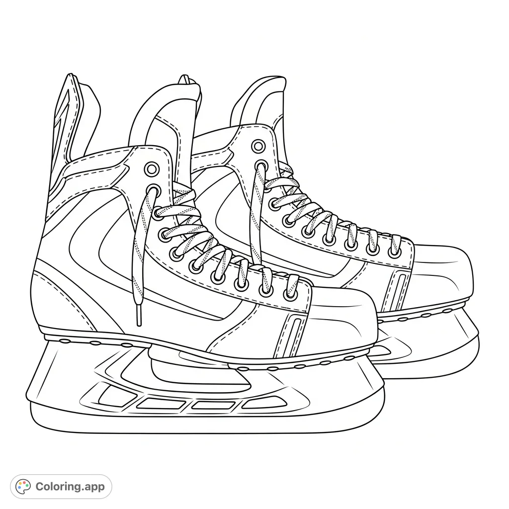 Detailed depiction of male hockey skates, emphasizing their sturdy construction, prominent laces, and sleek blade. Perfect for sports enthusiasts to color.