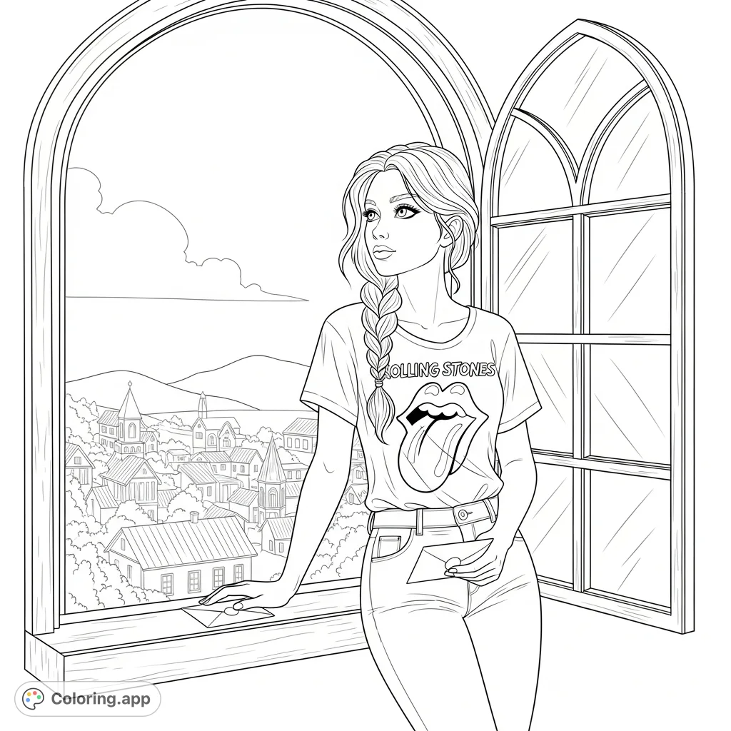 A pretty young woman in a Rolling Stones t-shirt leans against an ornate window, gazing thoughtfully at a charming small town cityscape below, holding an unopened letter.