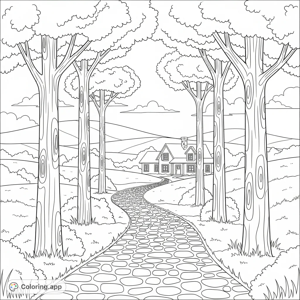 Discover a tranquil country landscape featuring a winding cobblestone path leading to a charming home, framed by elegant trees. A peaceful scene.
