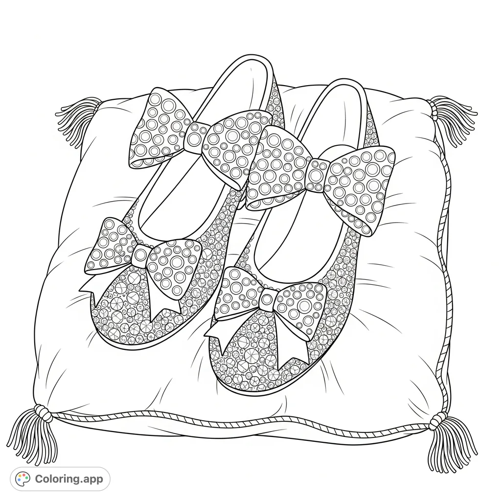 Color Dorothy's iconic slippers from The Wizard of Oz! Featuring intricate bows and sparkling textures on a plush cushion, this page is pure magic.