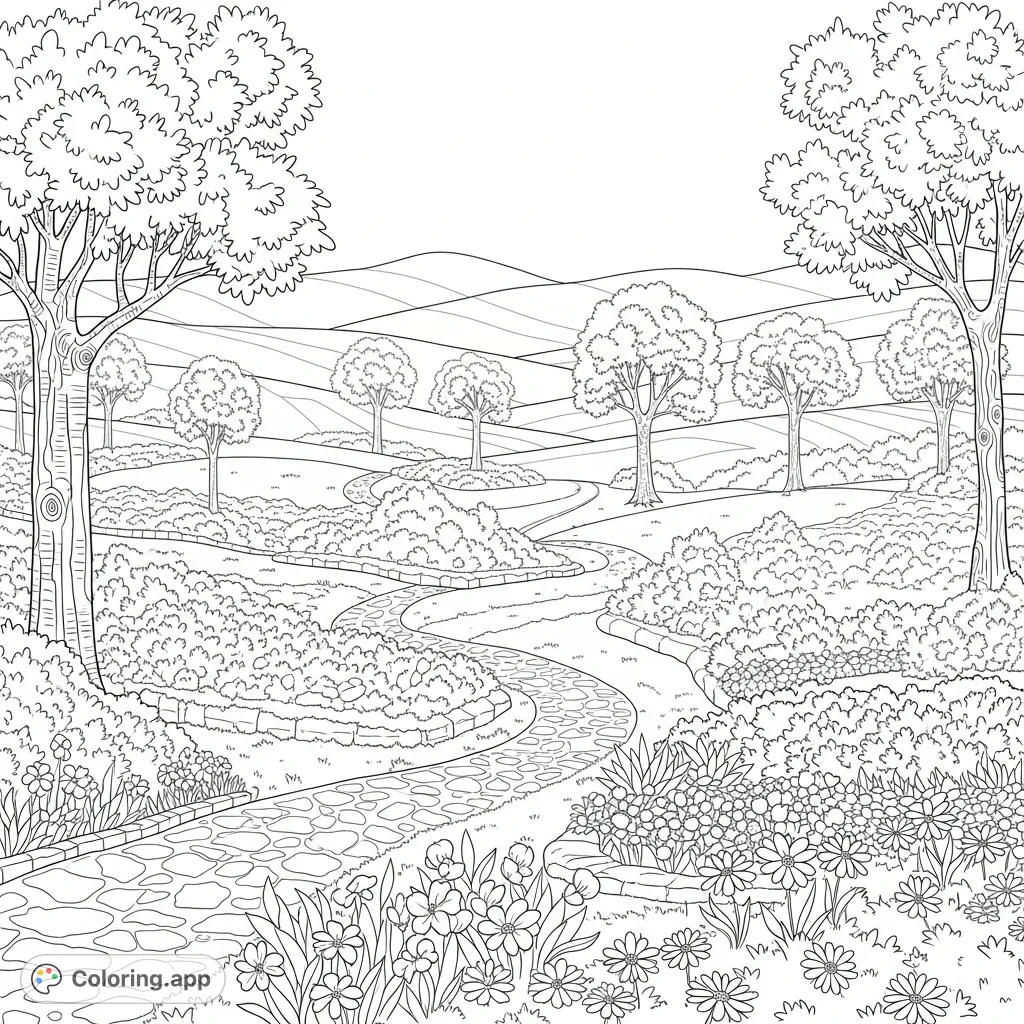 Explore a serene landscape coloring page featuring winding paths, rolling hills, varied trees, dense shrubbery, and vibrant flower beds. Perfect for nature lovers!