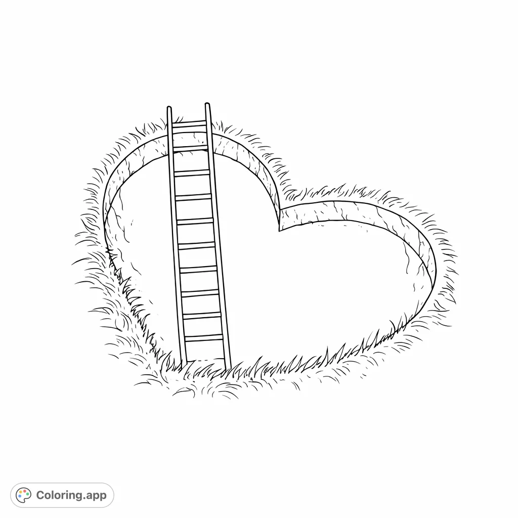 Explore a unique heart-shaped hole with a descending ladder, set in a textured landscape. A symbolic and engaging coloring page for creative expression.