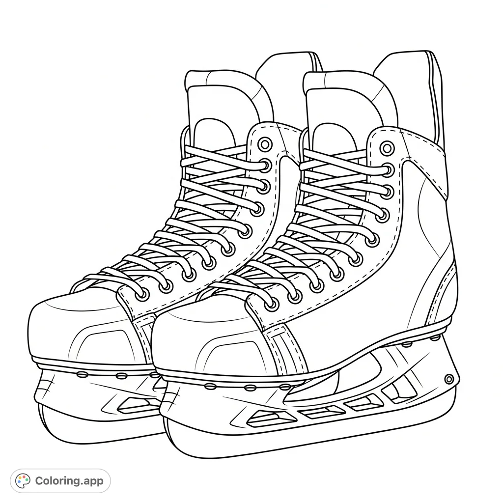 A detailed hockey skates coloring page featuring two skates positioned side by side, showcasing their robust boots, intricate laces, sharp blades, and protective elements.