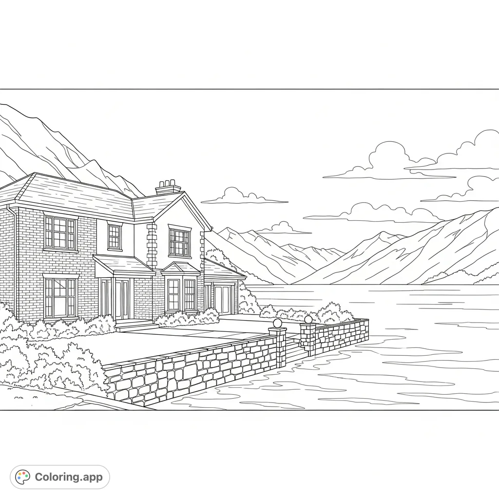 Discover a tranquil lakeside home coloring page. Features a two-story brick residence, a stone wall, rippling lake, and majestic mountains under soft clouds.