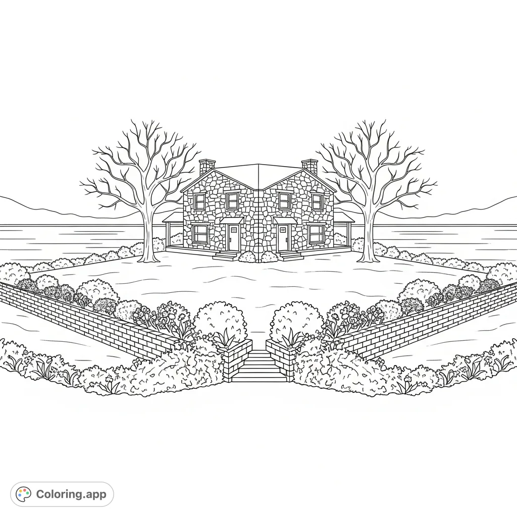 Color a serene two-story lakeside home crafted from rough hewn stone, featuring elegant bare trees, flower beds, and a vast lake.