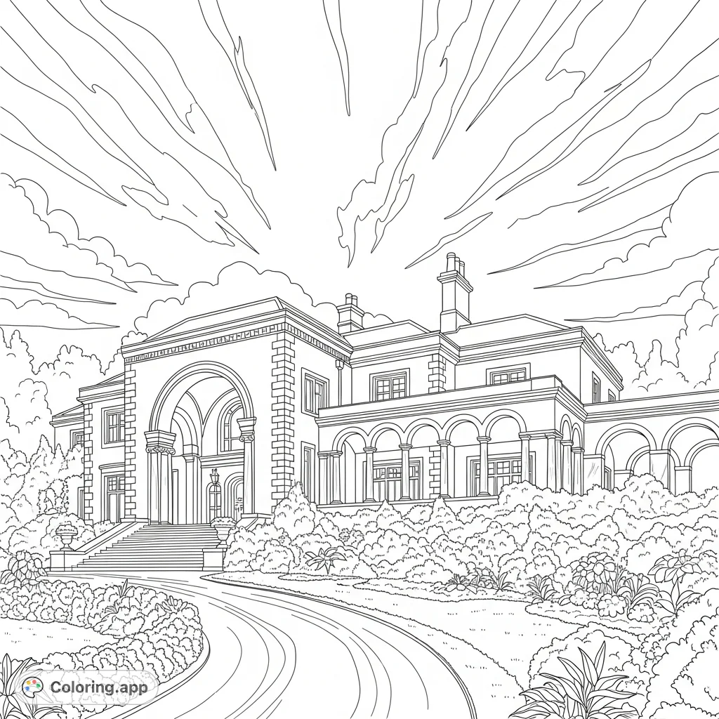 Explore a magnificent grand manor with an arched entryway, winding driveway, and lush gardens beneath a sky with dynamic clouds. A detailed architectural coloring page.