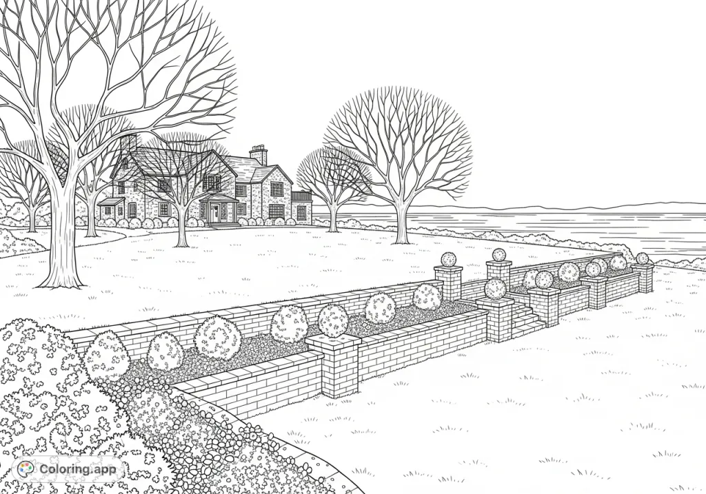 Color a majestic rough hewn stone residence on a grassy hill, adorned with elegant bare branch trees, flower beds, and a brick wall overlooking an expansive lake.