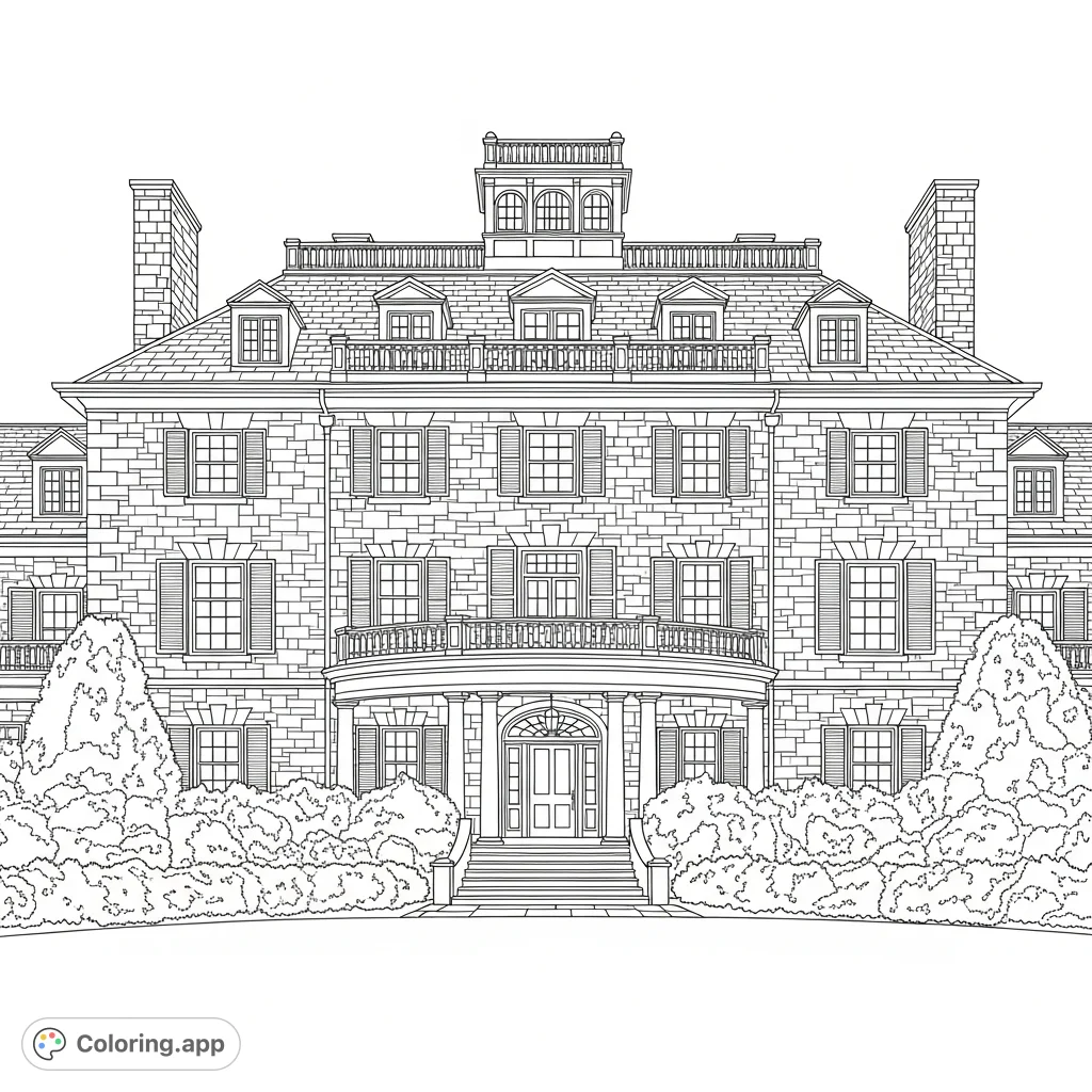 Color a grand stone mansion featuring a wrap-around porch, numerous shuttered windows, a textured roof, and a cupola, all set amidst a meticulously sculpted landscape.