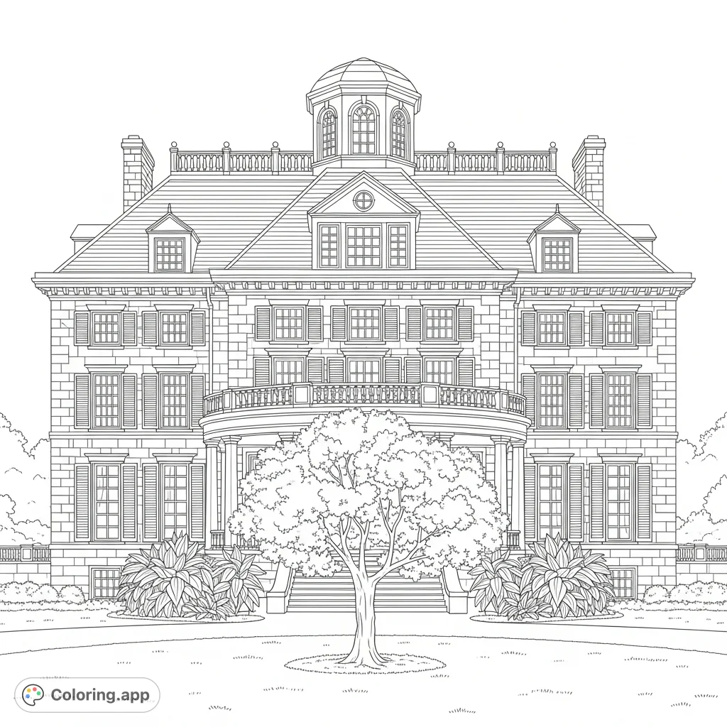 An elegant stone mansion with a welcoming porch, a beautiful cherry blossom tree, and sculpted gardens awaits your creative touch.