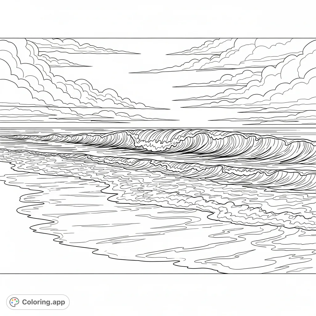 An expansive panoramic beach scene featuring powerful cresting waves, reflective wet sand, and dynamic cloud formations, perfect for an immersive coloring experience.
