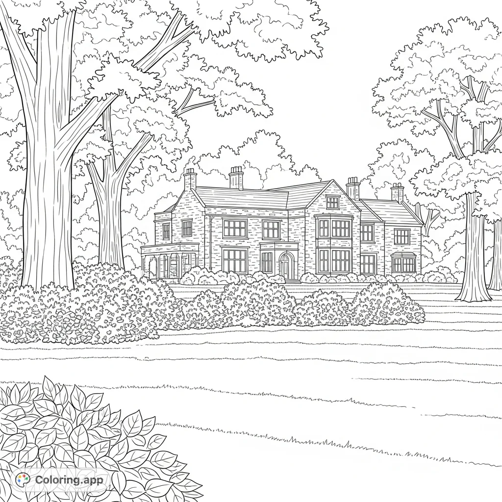 Discover a tranquil stone manor home nestled in a rolling field, surrounded by lush foliage and majestic trees. A serene landscape coloring page for all ages.