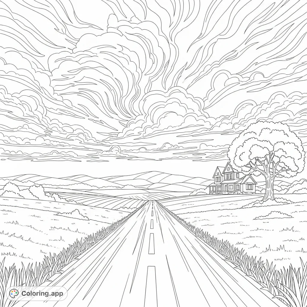 Explore a scenic landscape featuring a long road, vast fields, rolling hills, and a cozy two-story house with a prominent tree under dynamic clouds. Perfect for peaceful coloring.