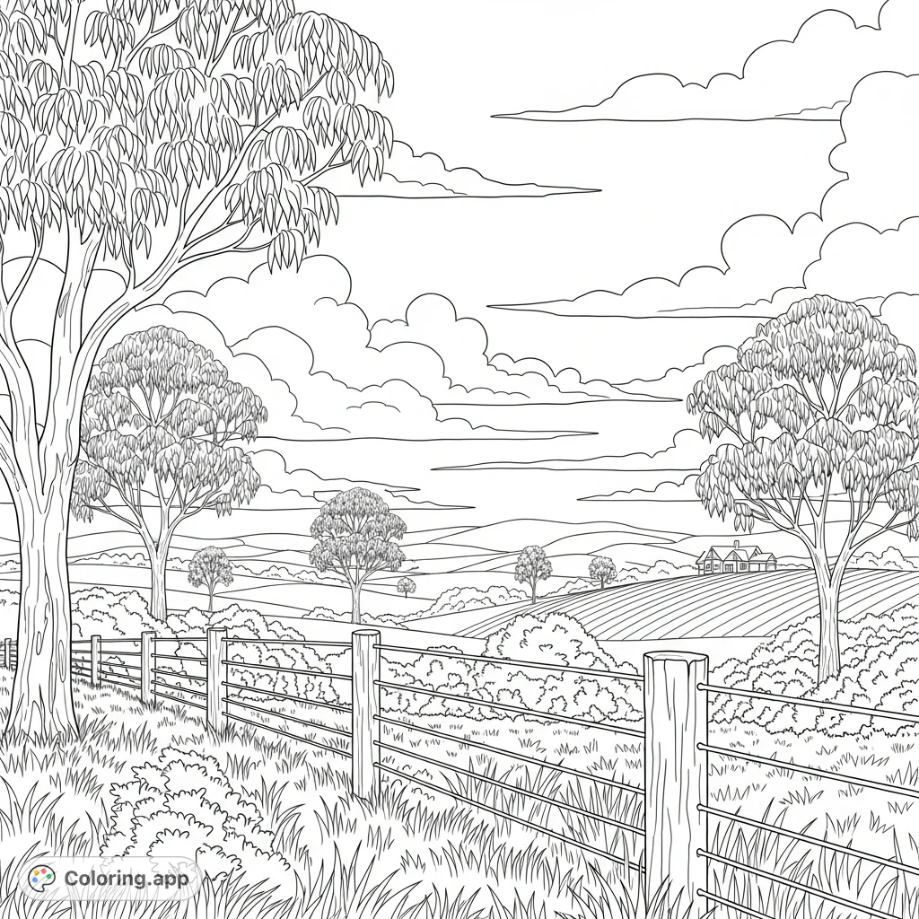 Explore a tranquil rural country landscape with rolling hills, Eucalyptus trees, a farm fence, and a distant Tudor home. A perfect scene for mindful coloring.