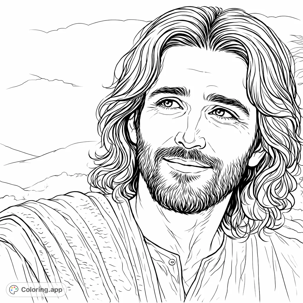 A tranquil portrait of a religious figure with flowing hair and beard, perfect for peaceful reflection and detailed coloring.