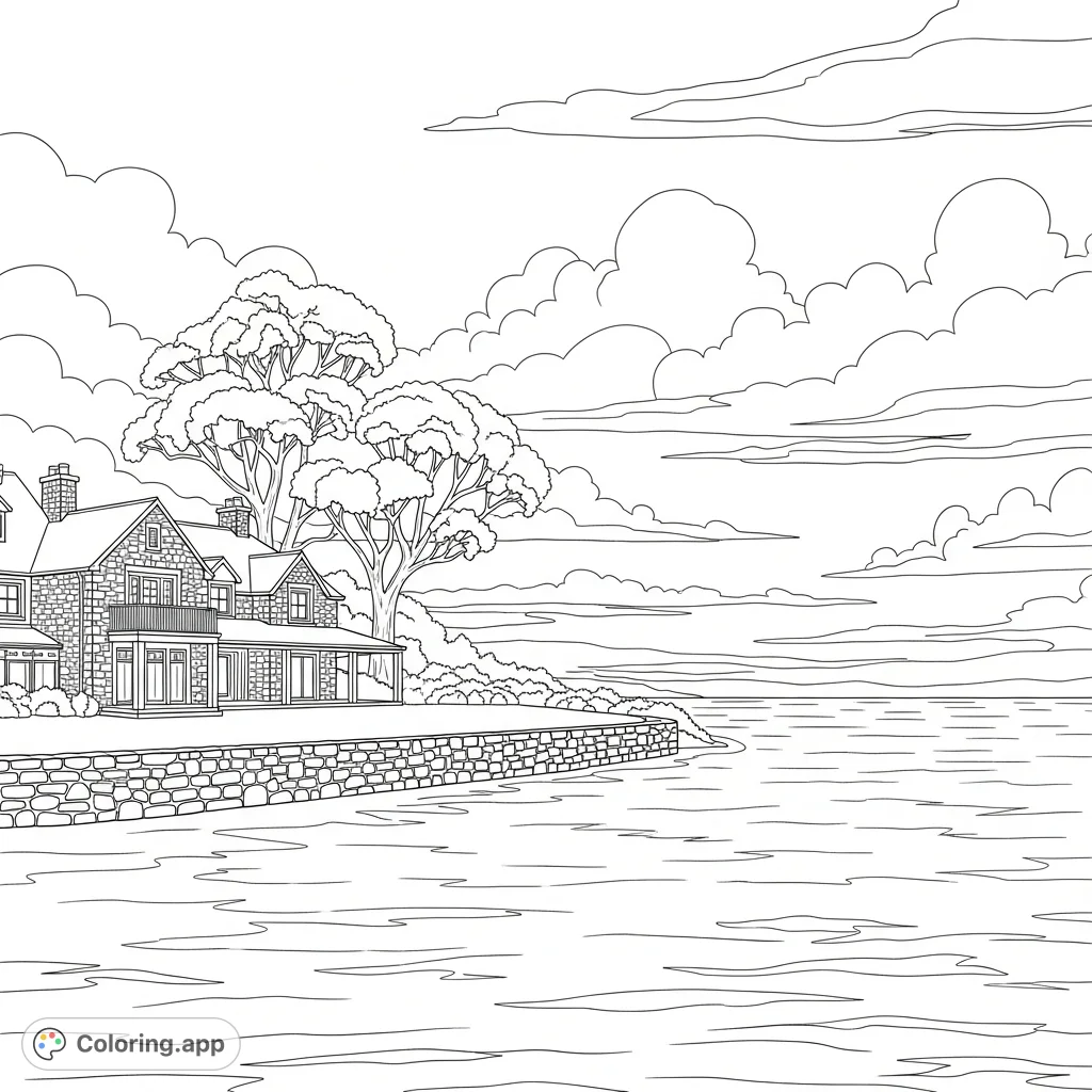 Capture the tranquility of a symmetrical stone lakeside home, flanked by Eucalyptus trees, overlooking a gently rippling lake under a sky of billowy clouds.