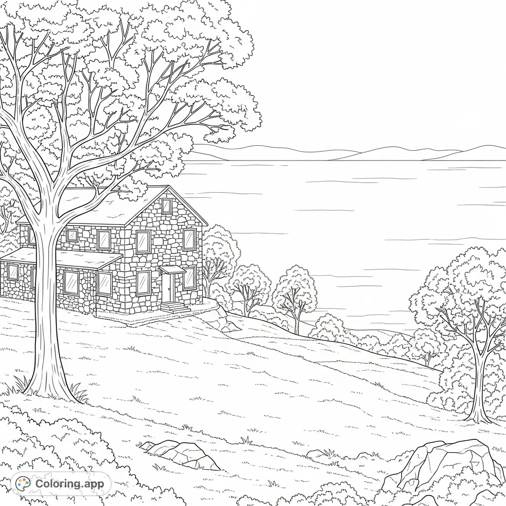 Explore a serene lakeside stone house on a raised grassy landscape, framed by elegant bare branch trees. A tranquil scene awaiting your creative touch.