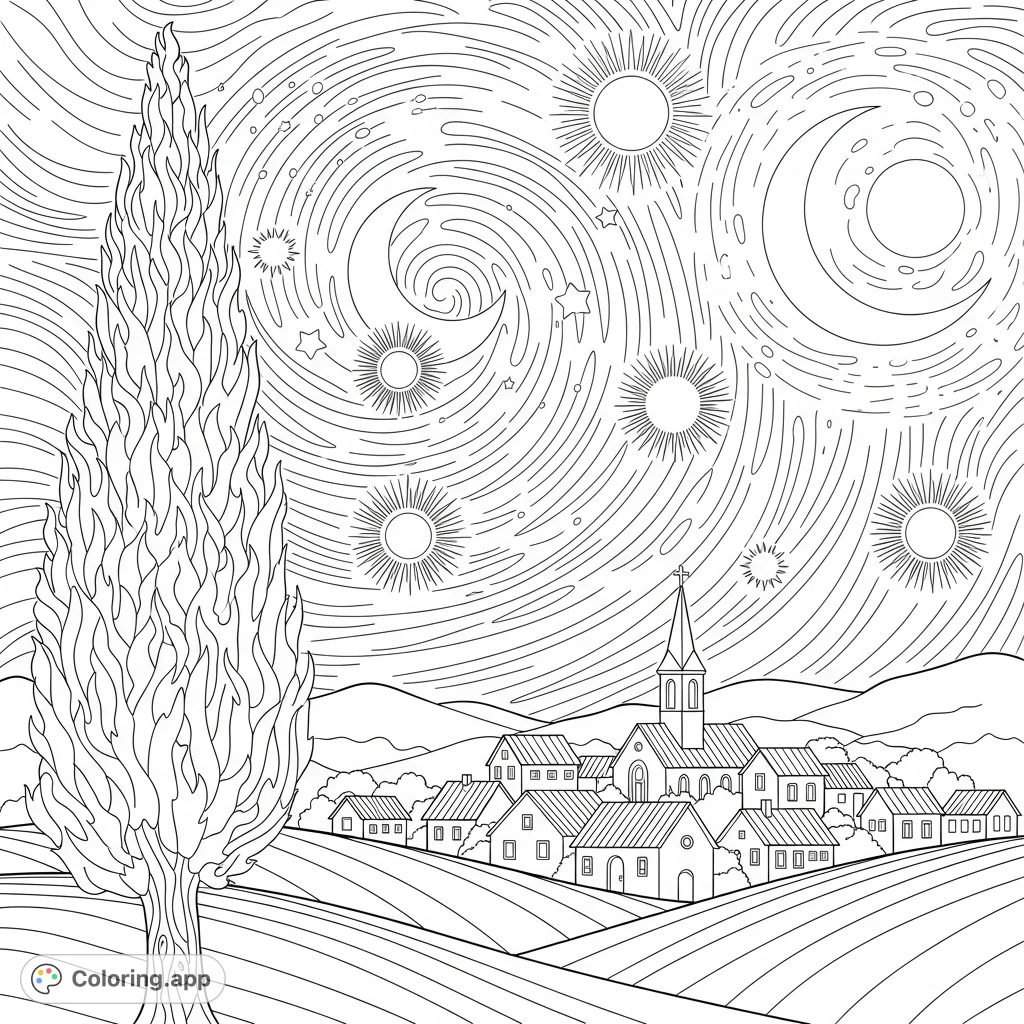 Capture the iconic swirling sky of a masterpiece. This Starry Night coloring page features a dramatic cypress tree and a peaceful village, waiting for your creative touch.