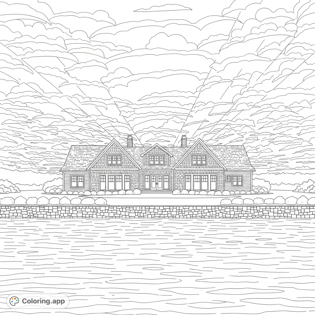 Discover a serene lakeside home coloring page. Features a symmetrical shiplap house, tranquil lake with ripples, stone wall, and layered clouds.