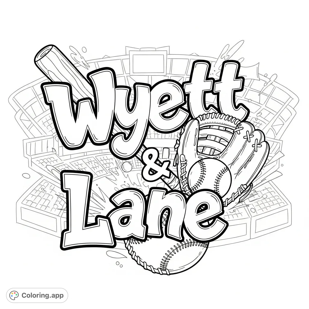 A personalized baseball graffiti coloring page featuring the names Wyett and Lane, surrounded by bats, balls, and gloves for a dynamic, sporty design.