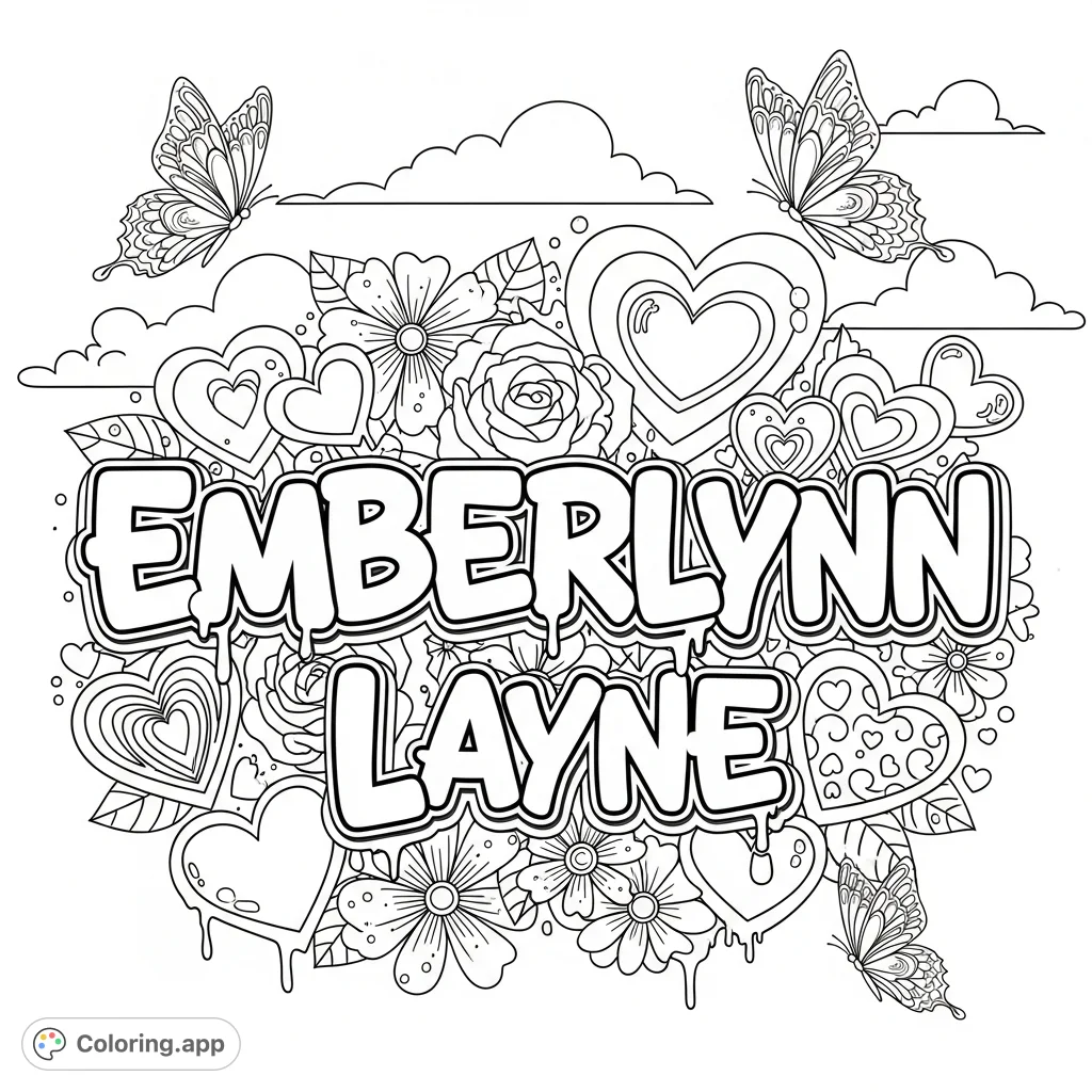 "Emberlynn Layne" in bold graffiti, adorned with hearts, flowers, and butterflies. A personalized coloring page for creative expression.