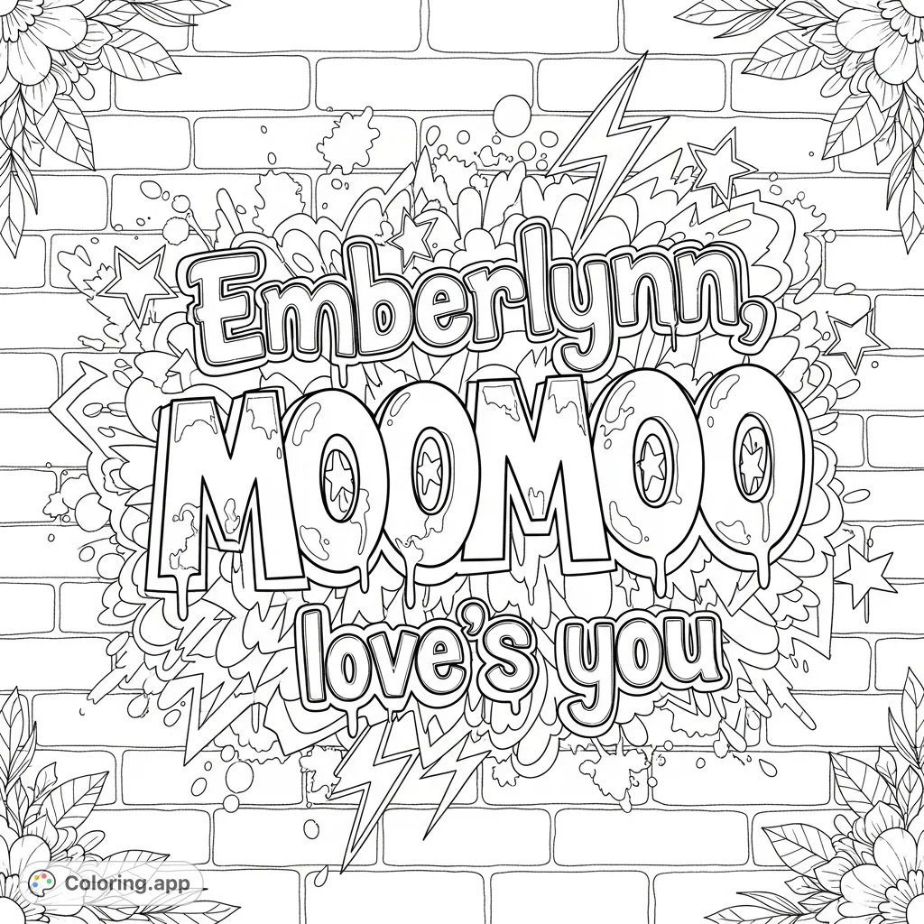 Unleash your creativity on a bold graffiti wall featuring "Emberlynn, MOOMOO love's you" in stylized letters with drips and urban motifs. A vibrant, personal street art coloring page.