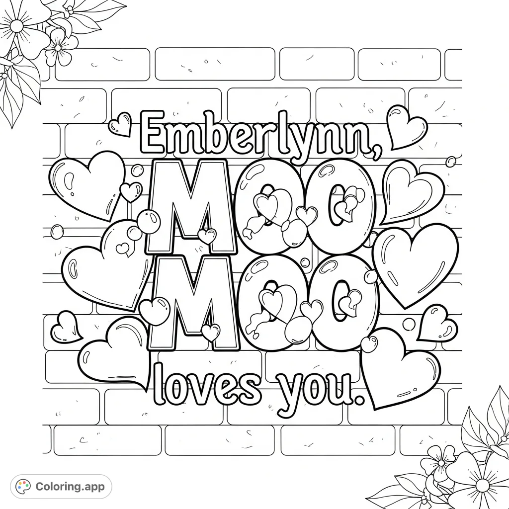 Discover a vibrant graffiti coloring page featuring the heartfelt message 'Emberlynn, MOO MOO loves you' surrounded by playful hearts on a brick wall.