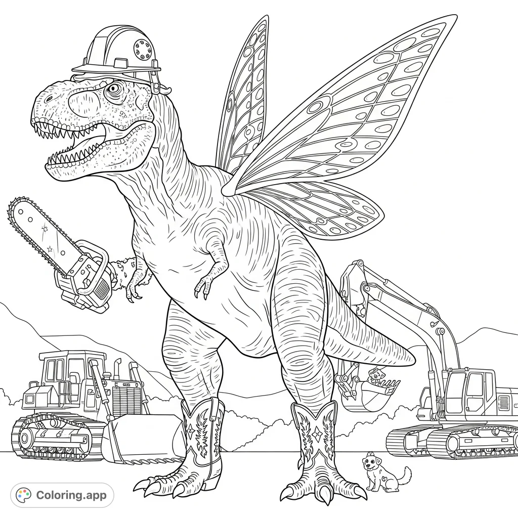 A whimsical T-Rex dinosaur sporting fairy wings, a hard hat, and cowboy boots, holding a chainsaw amidst a scene with construction machinery.