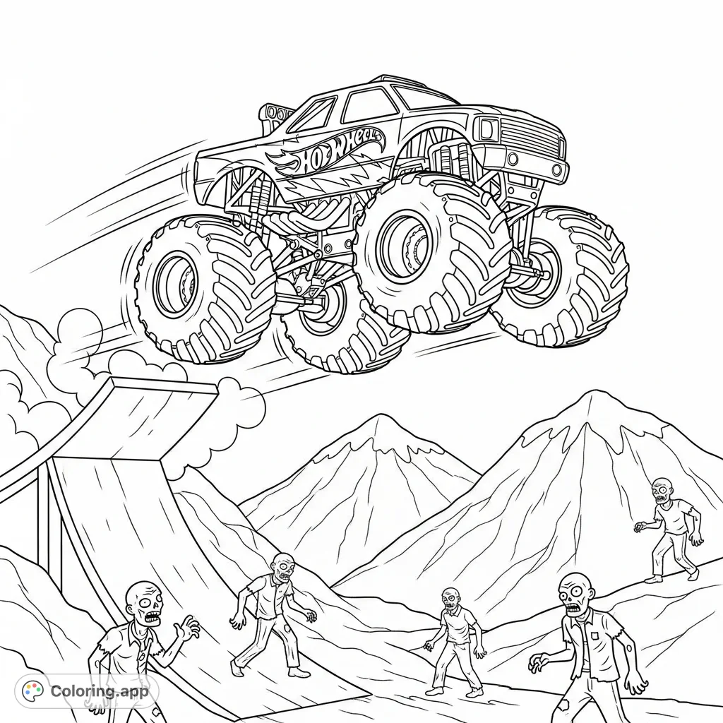 Experience an epic Hot Wheels monster truck launching from a ramp over a zombie-infested mountain. A thrilling, action-packed free printable coloring page!