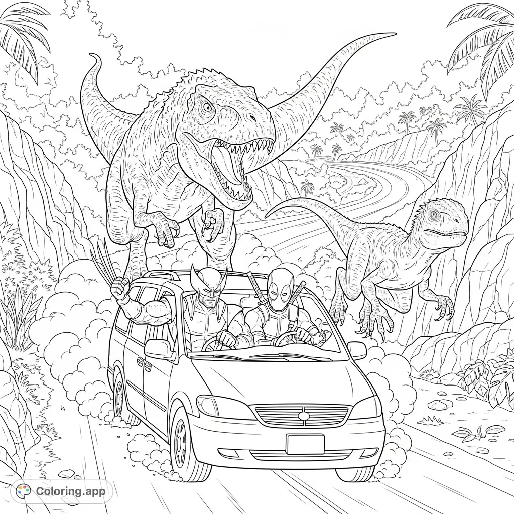 Epic chase scene featuring Wolverine and Deadpool in a minivan, pursued by the fearsome Indominus Rex and Indoraptor dinosaurs on a rugged road.