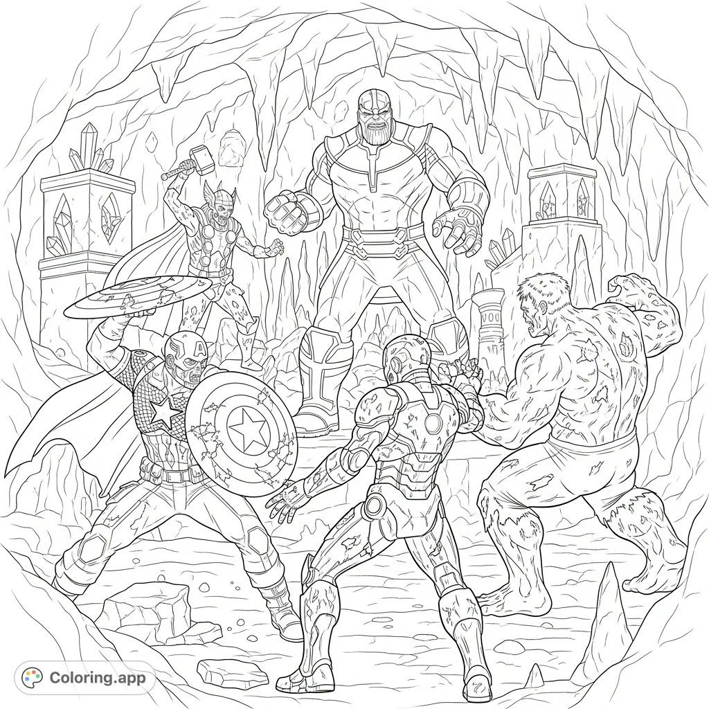A dramatic Marvel zombie Avengers coloring page. Zombie heroes battle skeletal Thanos in a hidden underground cave city, full of decaying structures and glowing crystals.