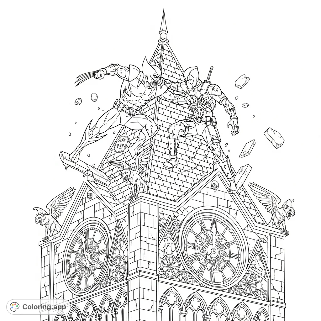 Witness a thrilling zombie Wolverine and Deadpool showdown atop a crumbling clock tower. An action-packed coloring page for fans of macabre adventures.