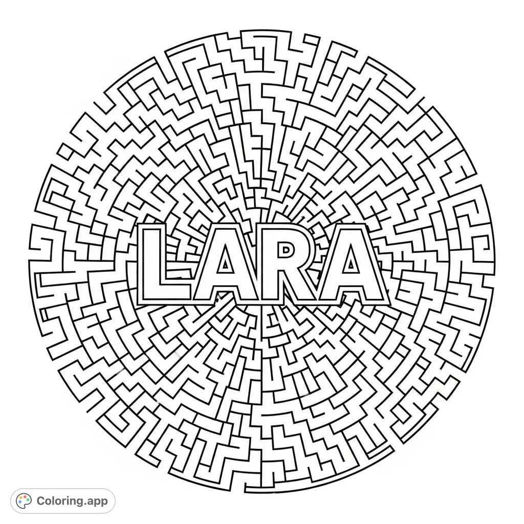 Explore an intricate geometric labyrinth with the name LARA at its heart. This detailed line maze offers a satisfying challenge for all ages.