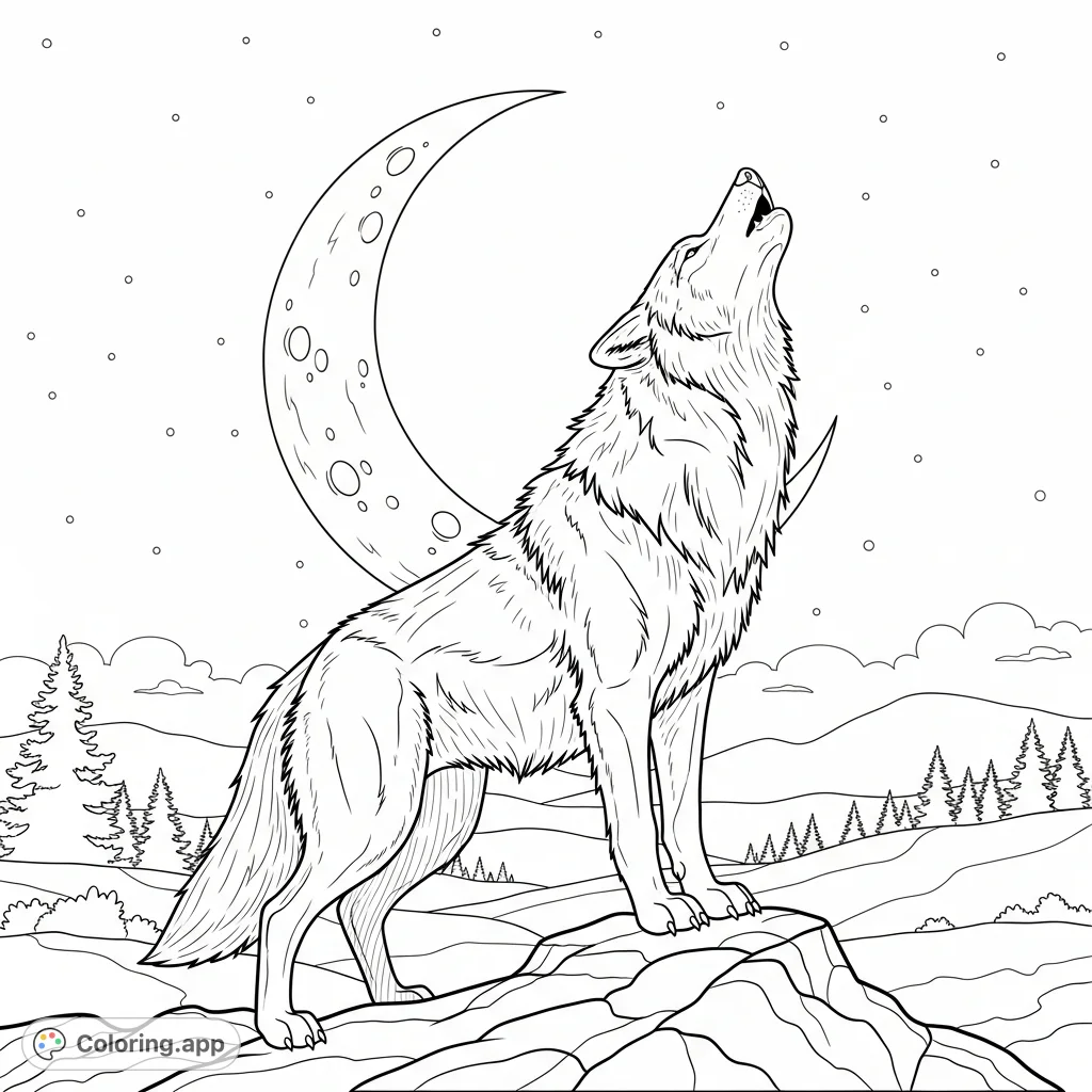 A powerful wolf from Reveur House of Dreamers howls beneath a glowing crescent moon. A mystical, free printable fantasy coloring page.