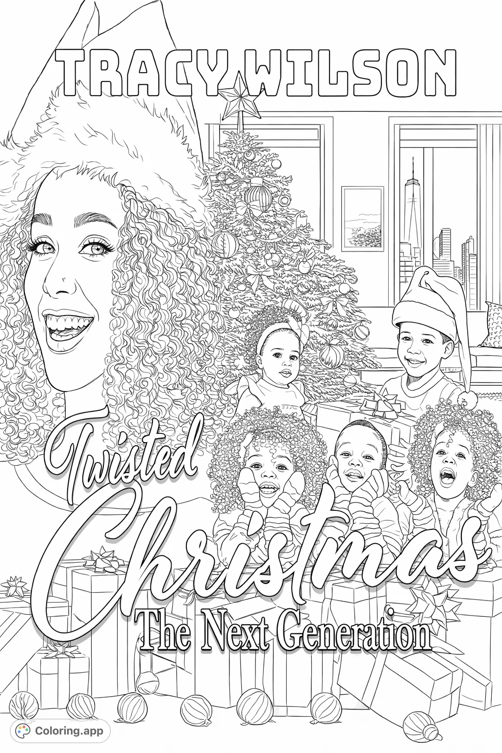 A cheerful family scene featuring a smiling woman, playful children, and abundant gifts around a decorated tree, set against a cityscape backdrop. Perfect for holiday coloring.