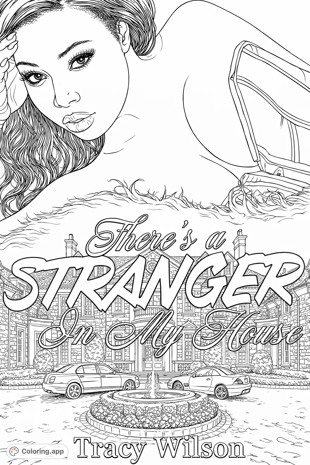 Experience the allure of a sophisticated scene featuring a poised woman against a lavish mansion, complete with luxury cars and a grand fountain.