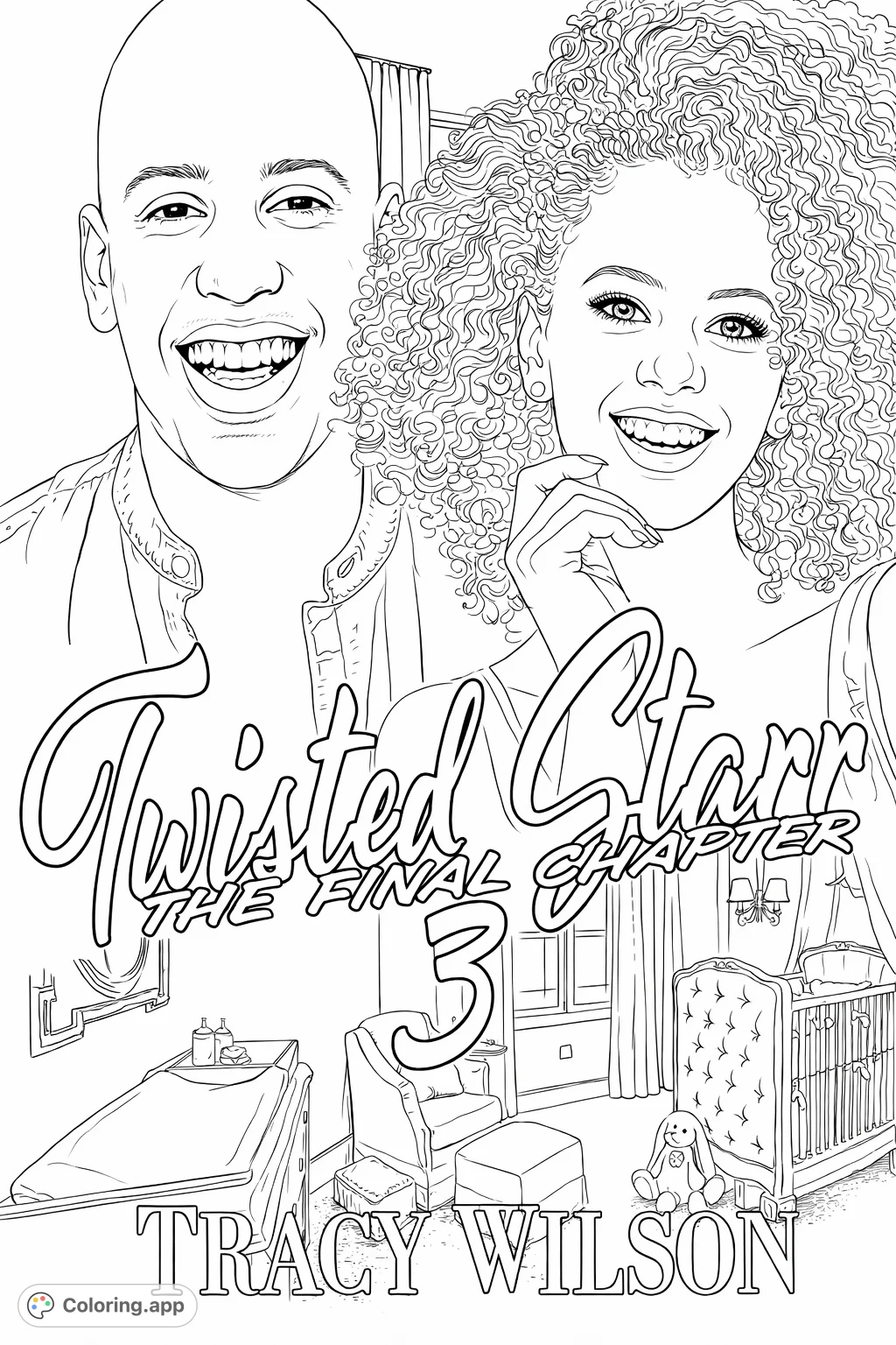 Capture the warmth of family with this intricate coloring page featuring a joyful couple and a detailed nursery. A perfect scene for celebrating new beginnings.