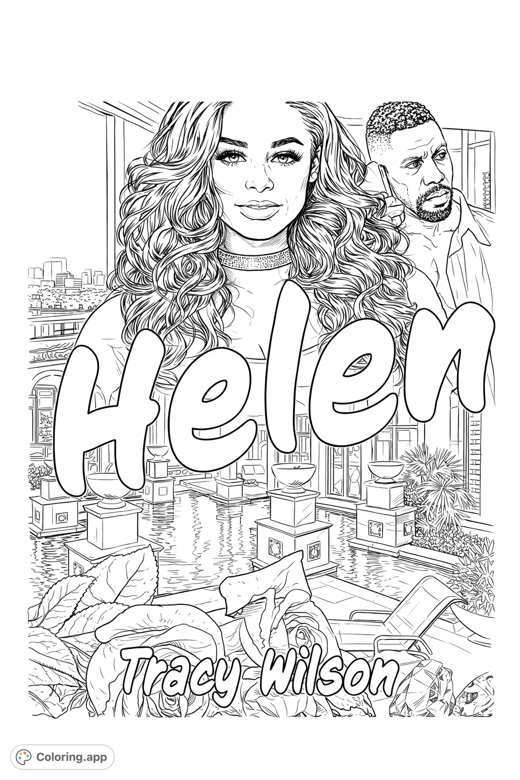 An alluring adult coloring page featuring a woman, a man, detailed roses, and an elegant water garden with a cityscape backdrop.
