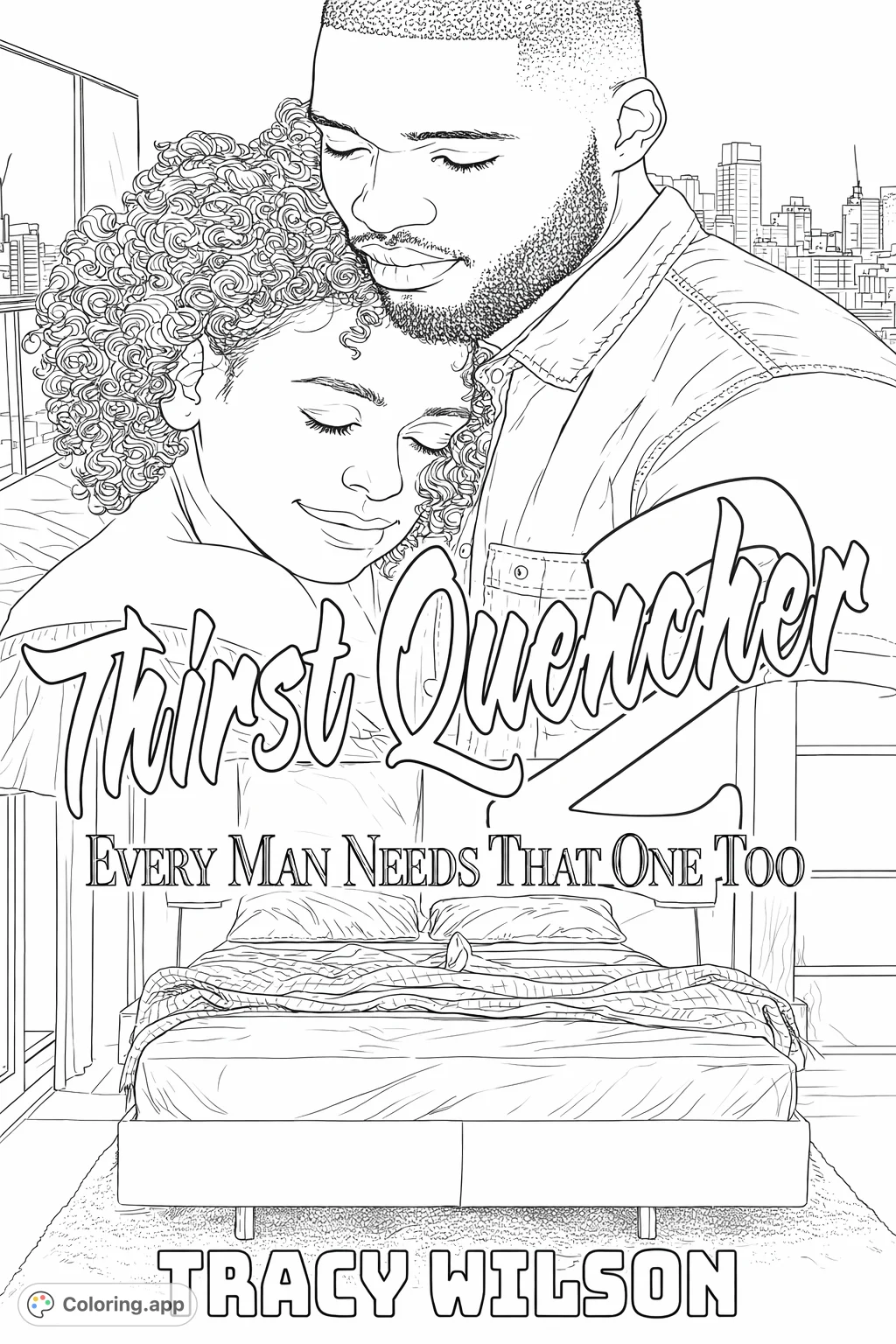 An intimate moment between a couple in a modern high-rise apartment, featuring a city skyline and a luxurious bedroom, perfect for adult colorists.