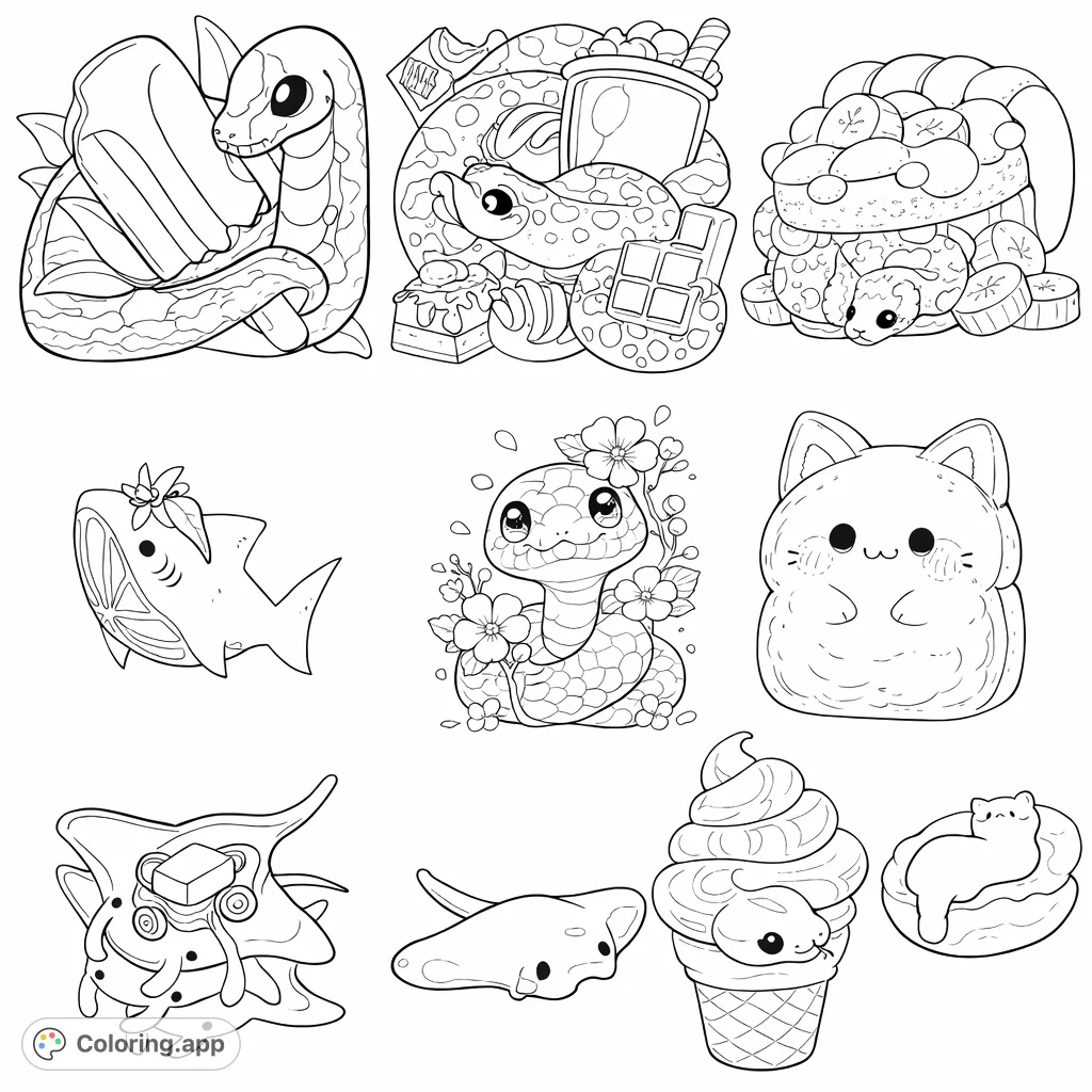 Discover a charming array of sweet snack animals! This delightful coloring page features adorable food-themed creatures, from chocolate snakes to toast cats, perfect for creative fun.