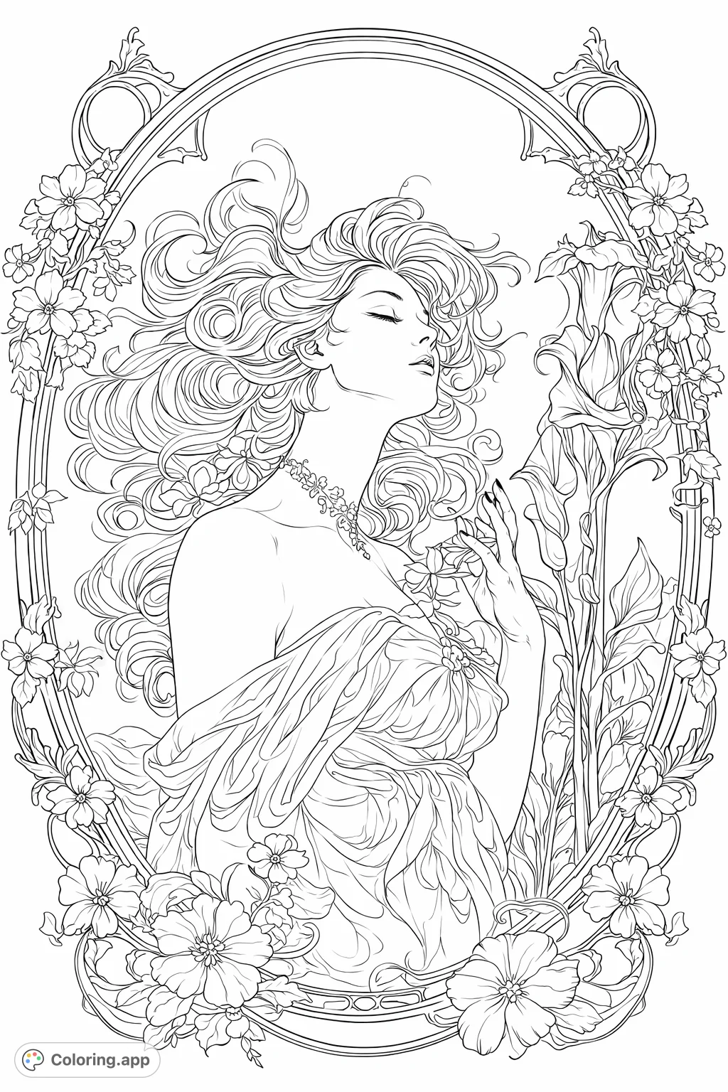 An elegant Art Nouveau woman with voluminous hair and soft drapery, beautifully framed by intricate floral patterns and celestial elements, perfect for artistic expression.
