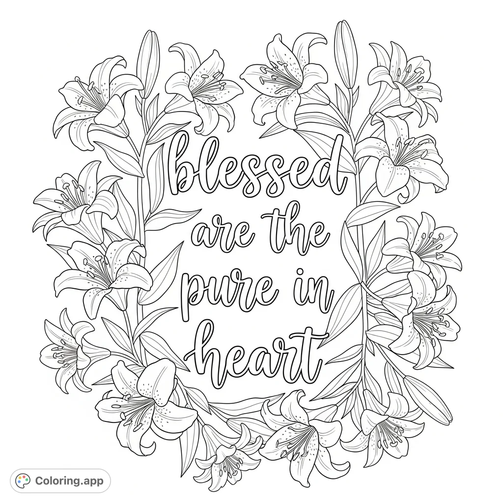 An elegant spiritual quote coloring page featuring the phrase "blessed are the pure in heart" in graceful script, encircled by beautiful, detailed lilies.