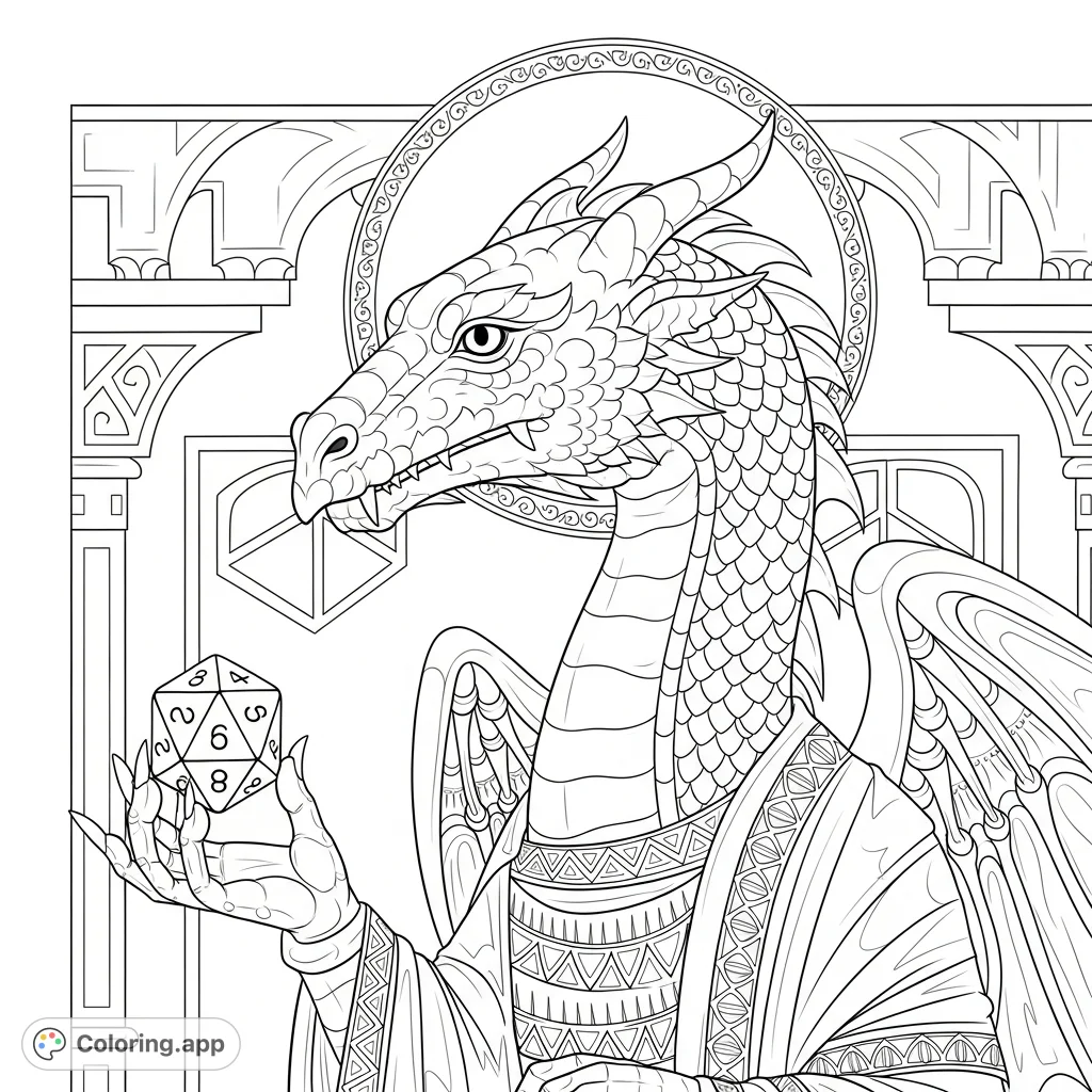 An awe-inspiring dragon, styled as a Byzantine icon, holds a dice while gazing sideways. This detailed portrait offers a unique, mystical coloring page experience.